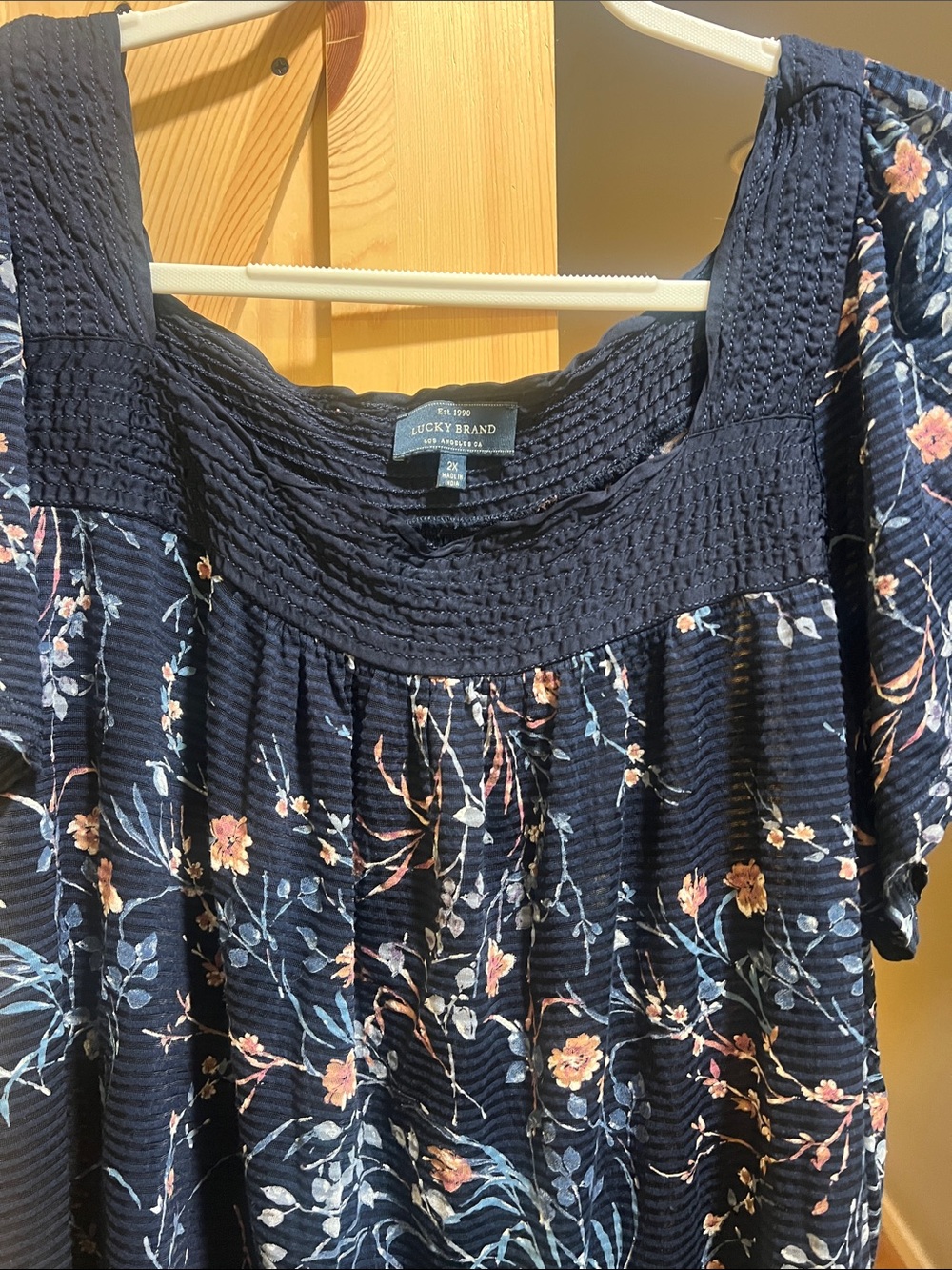 Lucky Brand Navy Floral Smocked Square-Neck plus size Top size 2x